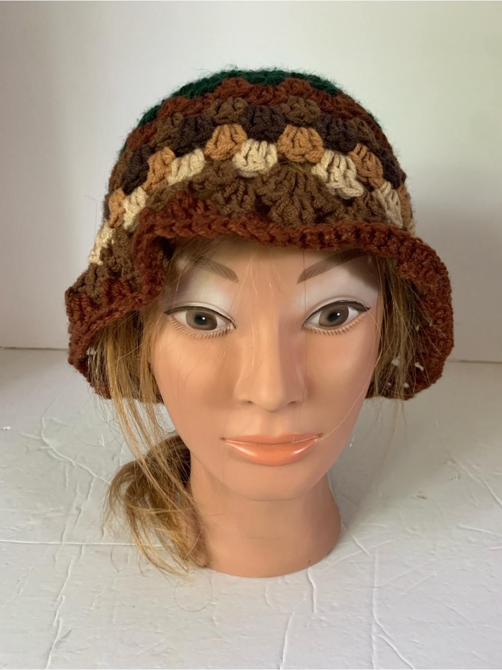 Handmade Crocheted Bucket Hat Brown and Green Cottagecore